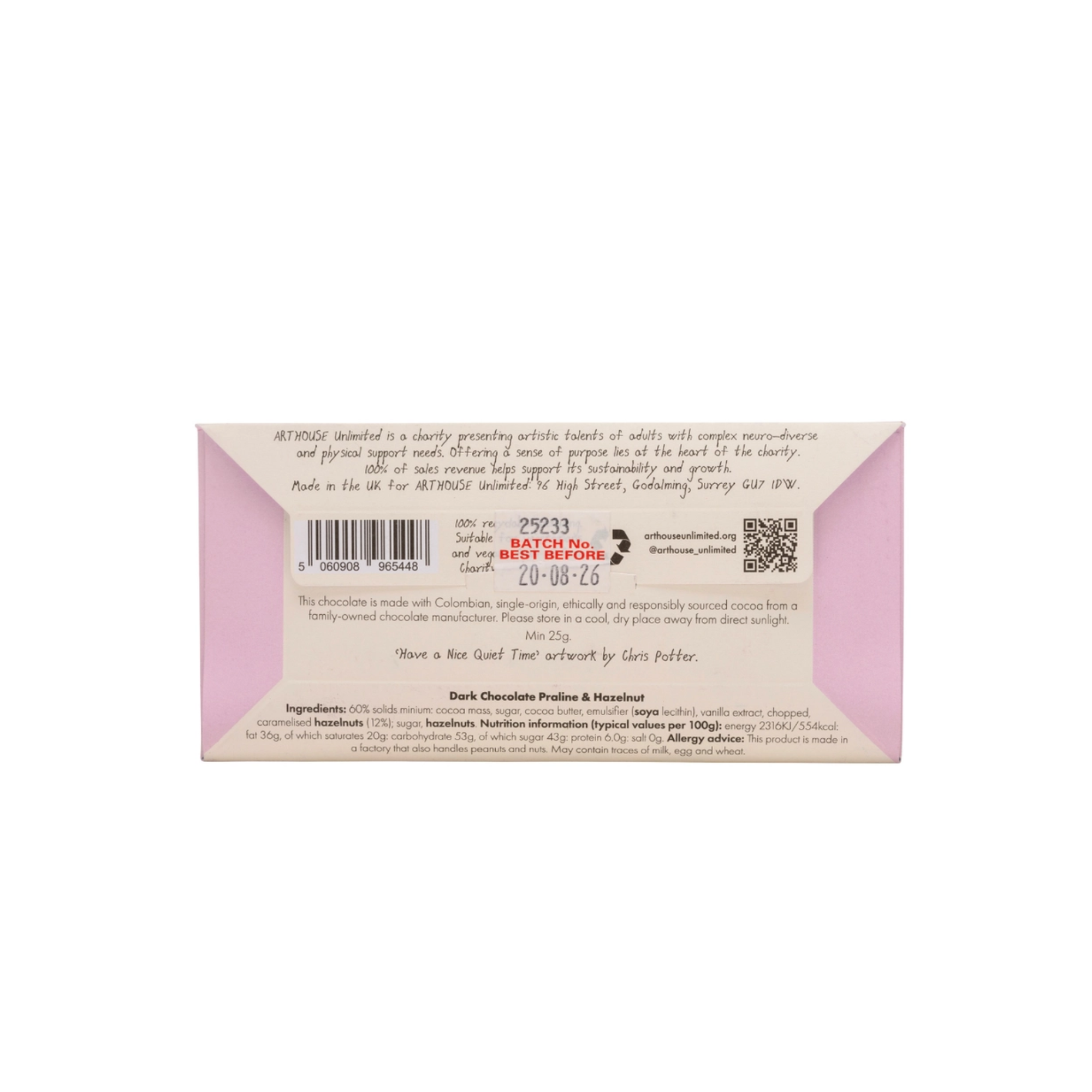 Arthouse Unlimited Have a Nice Quiet Time Joy Sized Dark Chocolate Hazelnut and Praline Ingredients