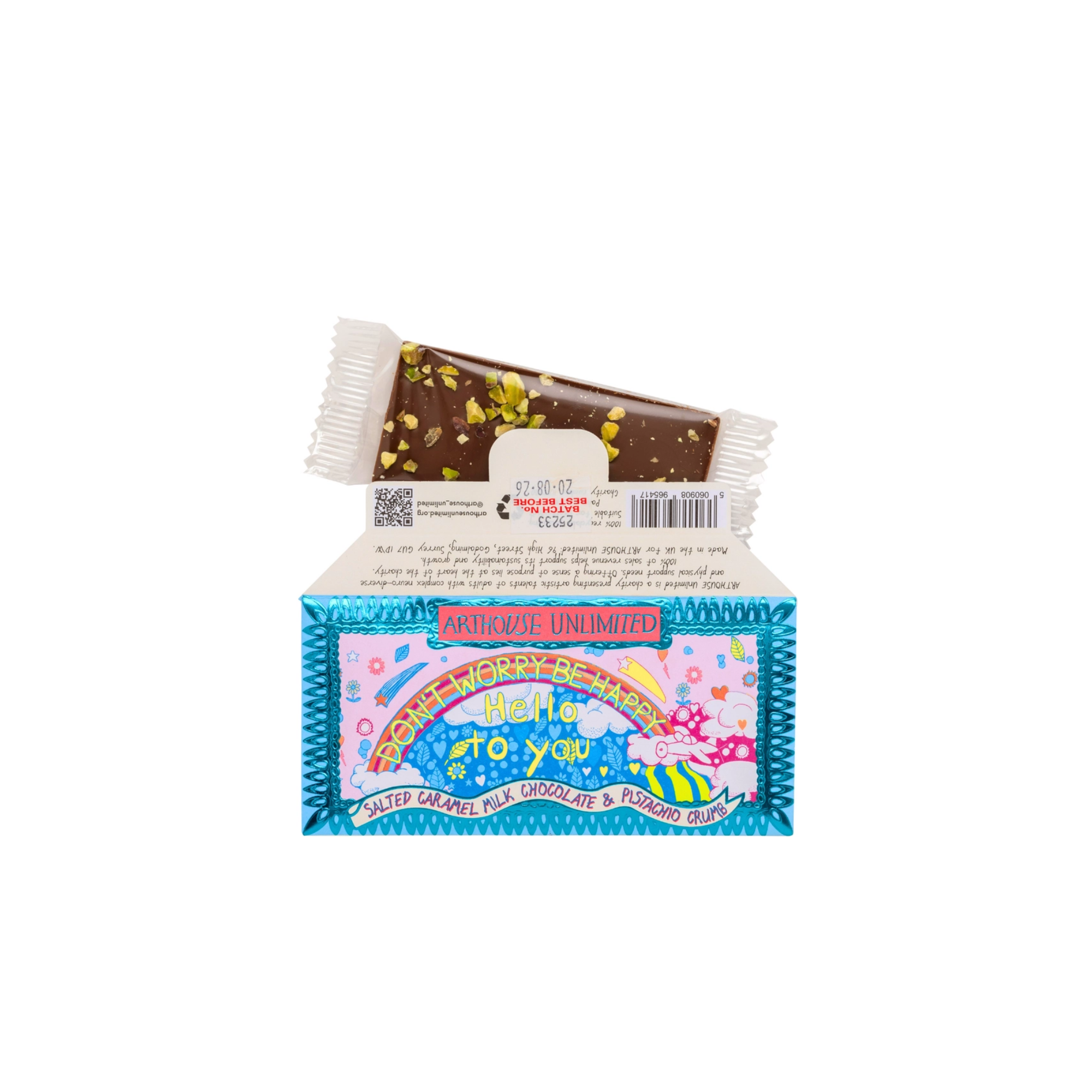 Arthouse Unlimited Joy Sized Don't Worry Be Happy Salted Caramel Milk Chocolate and Pistachio Crumb Bar