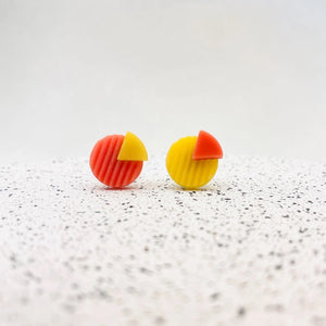 Sarah Joy Jewellery Mismatched Circle Stud Earrings Coral Red/Mustard Yellow
