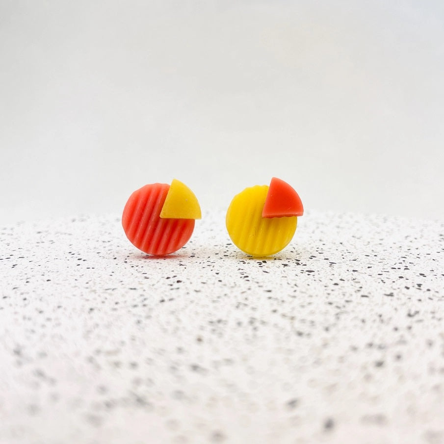 Sarah Joy Jewellery Mismatched Circle Stud Earrings Coral Red/Mustard Yellow