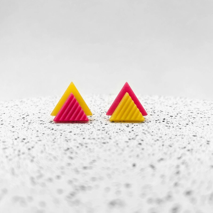 Sarah Joy Jewellery Mismatched Triangle Stud Earrings Coral Red/Mustard Yellow