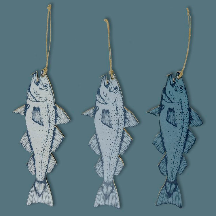 Cod Wooden Fish Decoration in Icy White, Steel Blue and Deep Blue