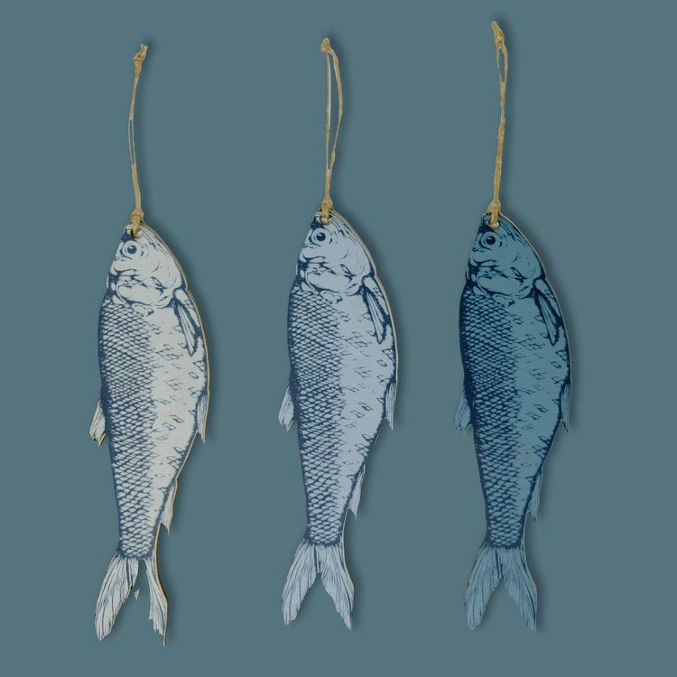 Herring Wooden Fish Decoration in Icy White, Steel Blue and Deep Blue