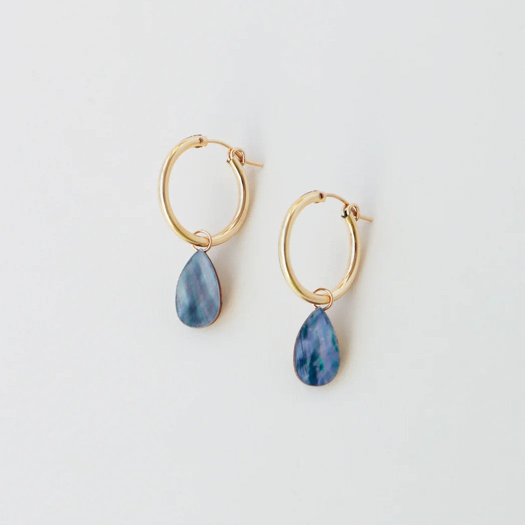 Wolf and Moon Raindrop Hoops in Sea Blue (Gold)
