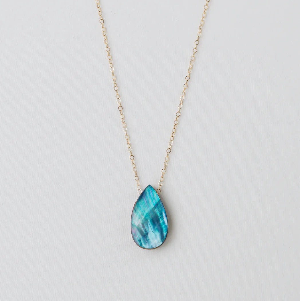 Wolf and Moon Raindrop Necklace in Sea Blue (Gold)